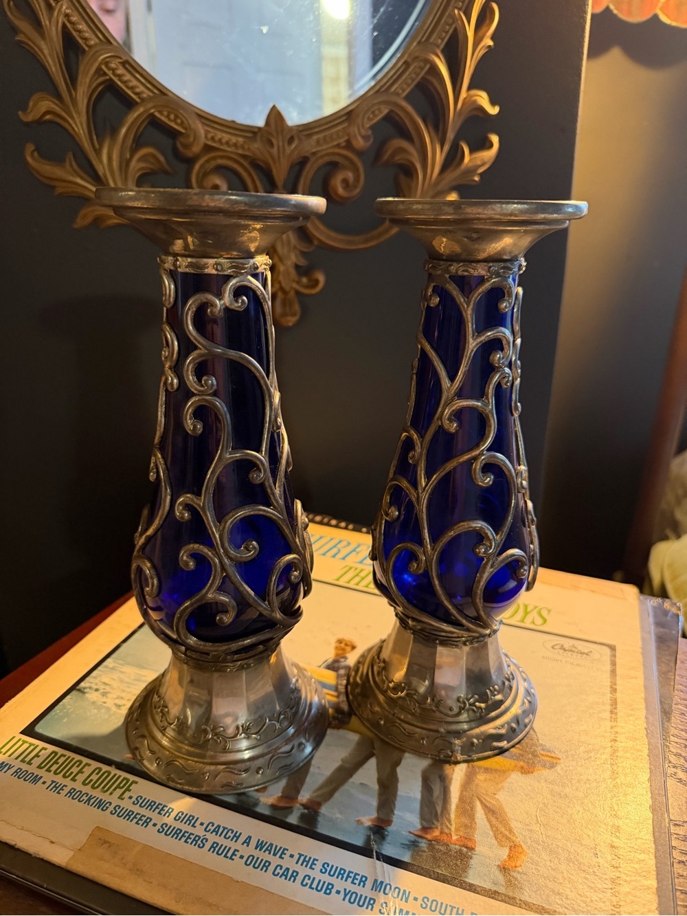 Cobalt Glass and Silver Candlestick Pair